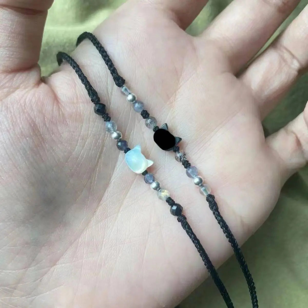 2 pulseras de obsidiana y piedra lunar natural para parejas, pulsera minimalista hecha a mano, bonita pulsera de gato blanco y negro, joyería para fiestas, regalos