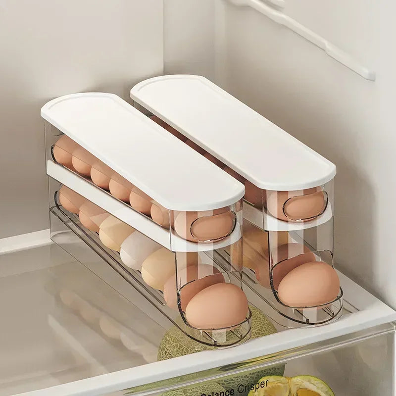 2-Tier Automatic Egg Dispenser for Refrigerator – Rolling Fridge Egg Organizer with Ladder Design