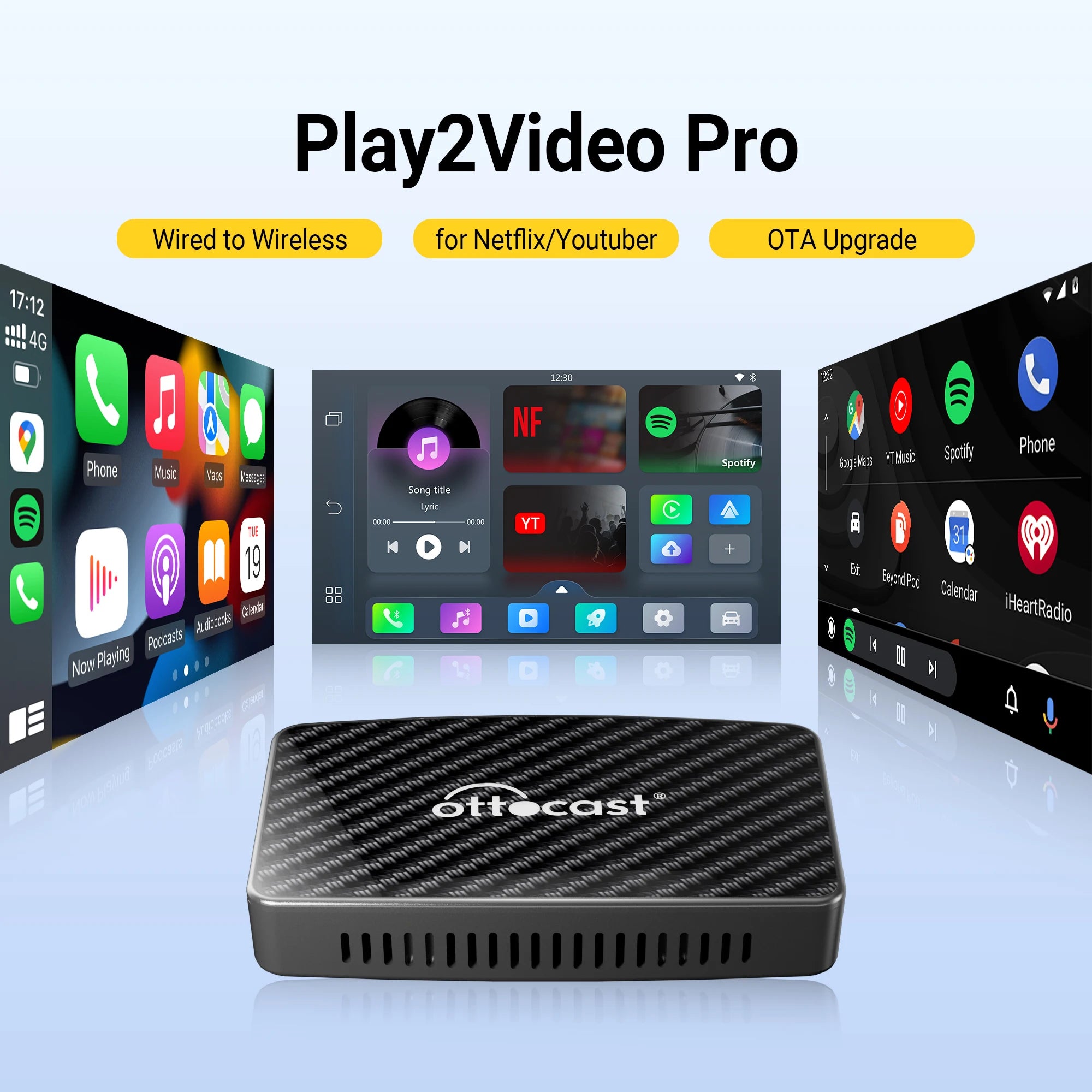 OTTOCAST Play2Video Pro – Wireless CarPlay & Android Auto Adapter with YouTube/Netflix Support