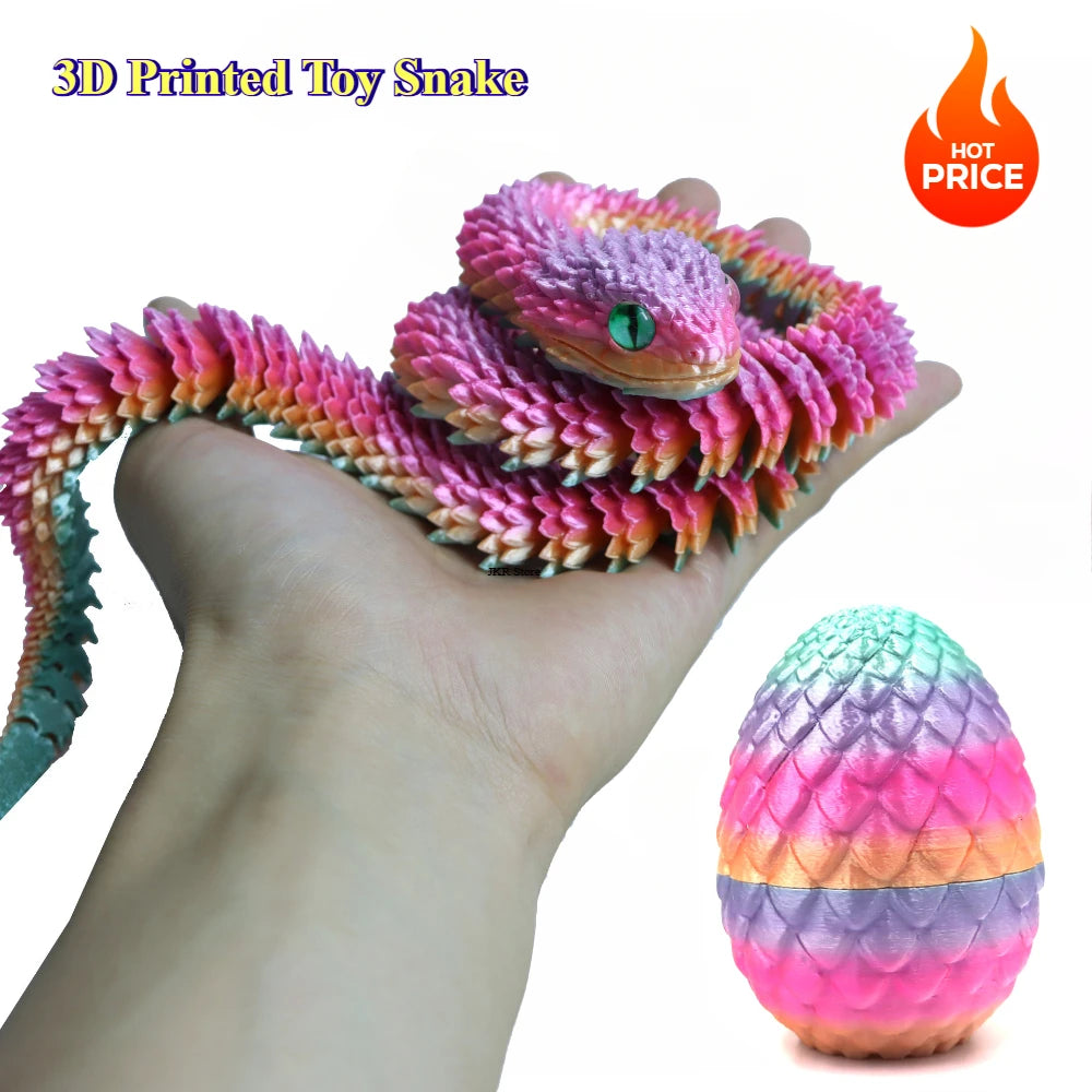 3D Printed Movable Snake with Egg – Realistic Articulated Animal Toy for Decor & Fidget Play