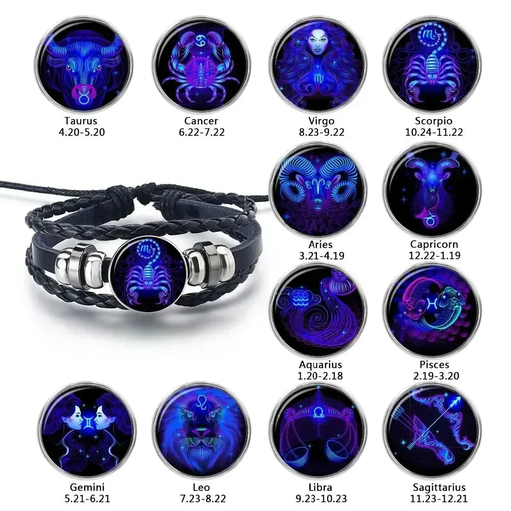 Luminous Zodiac Charm Leather Bracelet