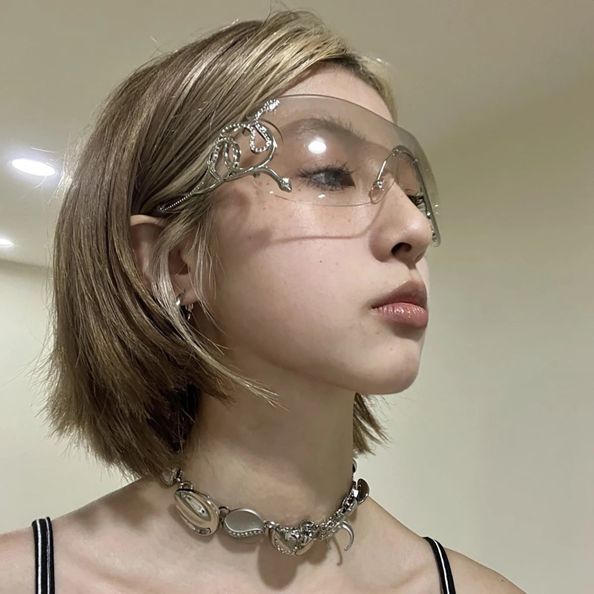 Rimless Gradient Oversized Snake-Leg Sunglasses – Y2K Wrap-Around Punk Shades for Women