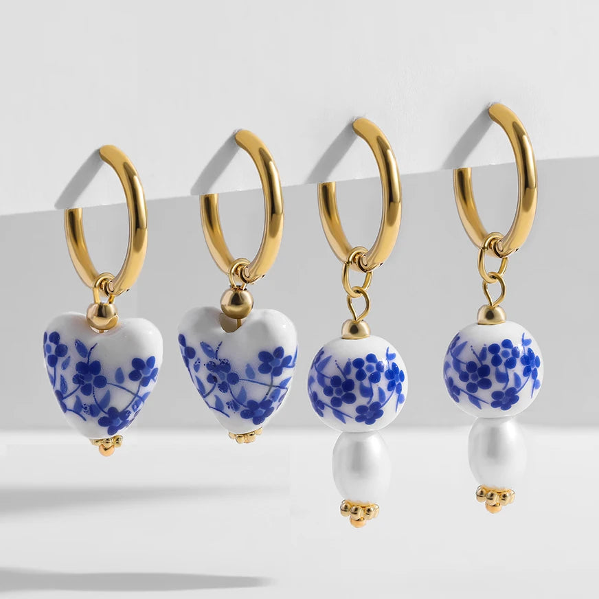 Blue Floral Pearl Dangle Earrings - Asymmetric Ceramic Bead Huggie Hoops