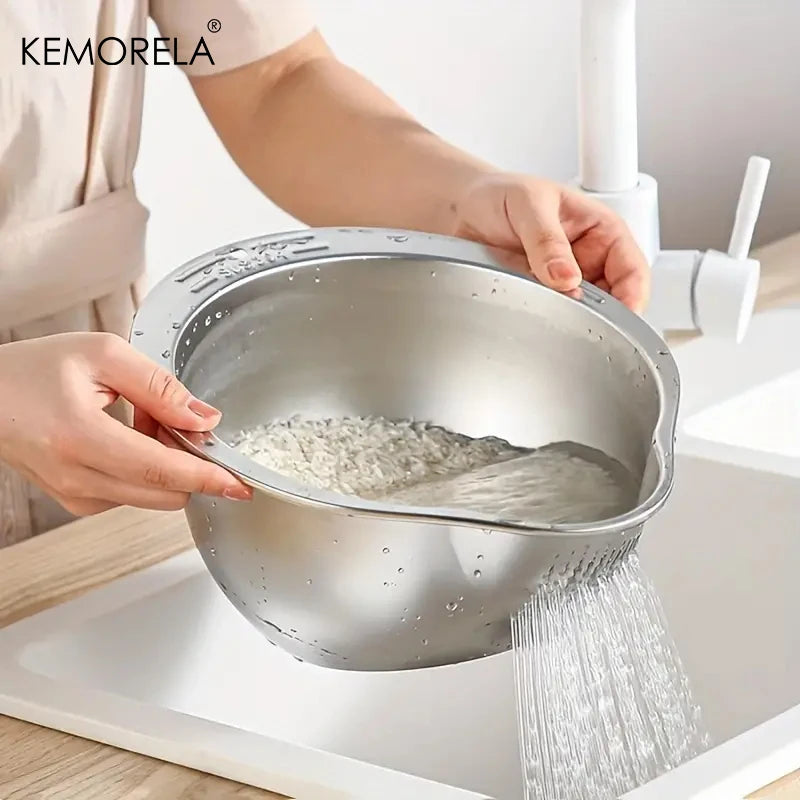 Stainless Steel Rice Washing Bowl – Multi-Purpose Mesh Strainer & Colander