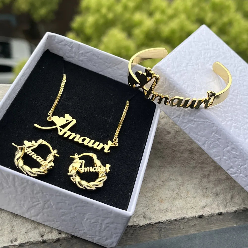 Personalized Jewelry Set - Custom Name Necklace, Bangles & Hoop Earrings