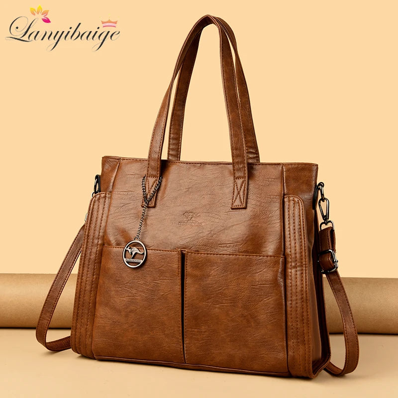 Women’s Vintage PU Leather Tote Bag – Large Capacity Zipper Handbag for Daily & Office Use