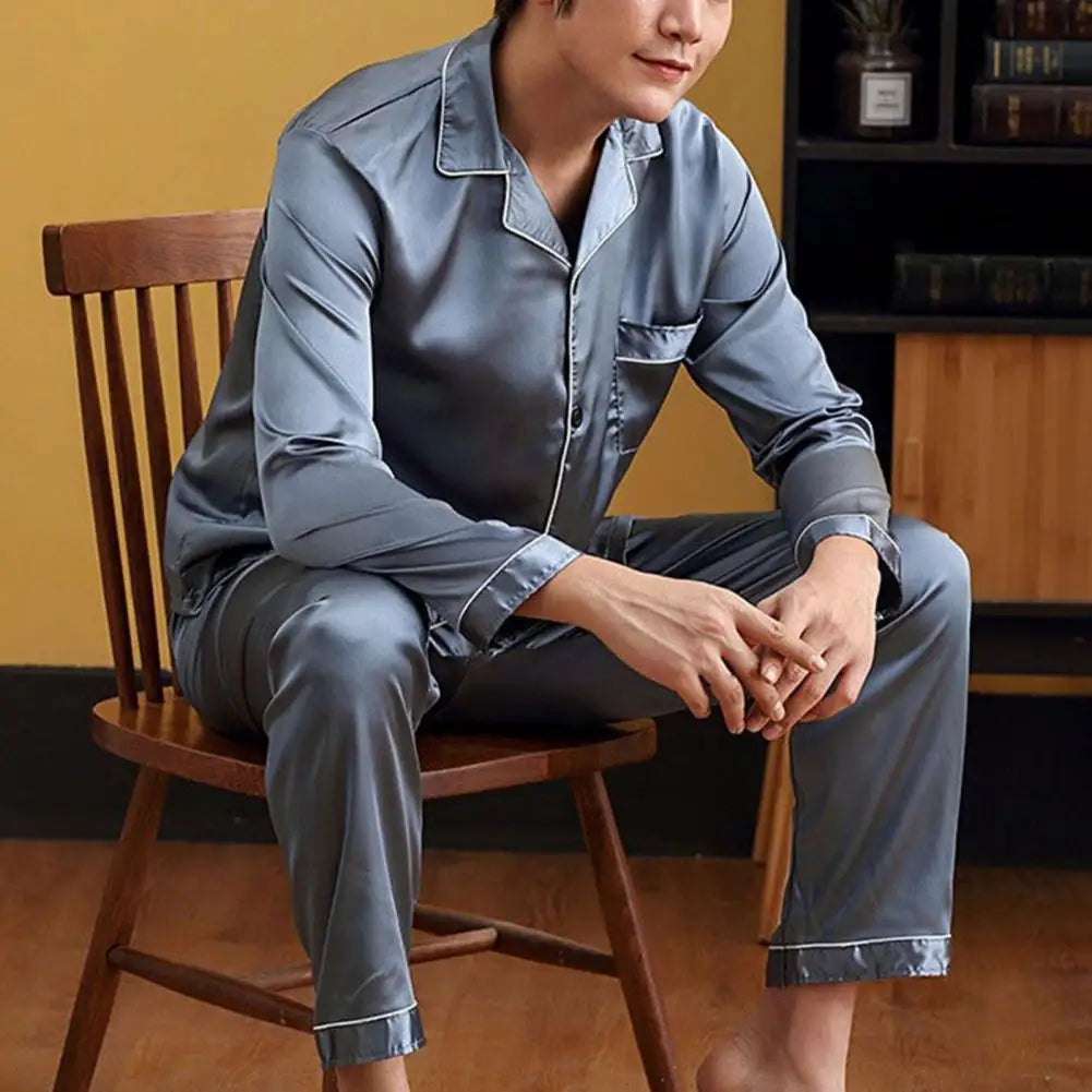 Men’s Plus Size Solid Color Pajama Set – Soft Polyester Long Sleeve Sleepwear with Button Closure