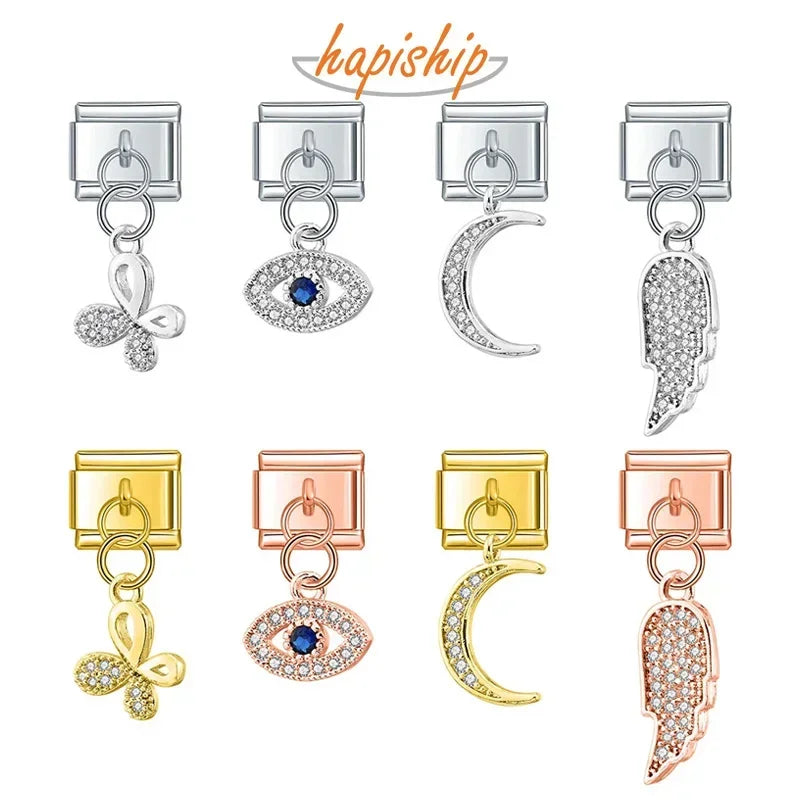 Moon Charm Stainless Steel Bracelet Link with CZ Accents