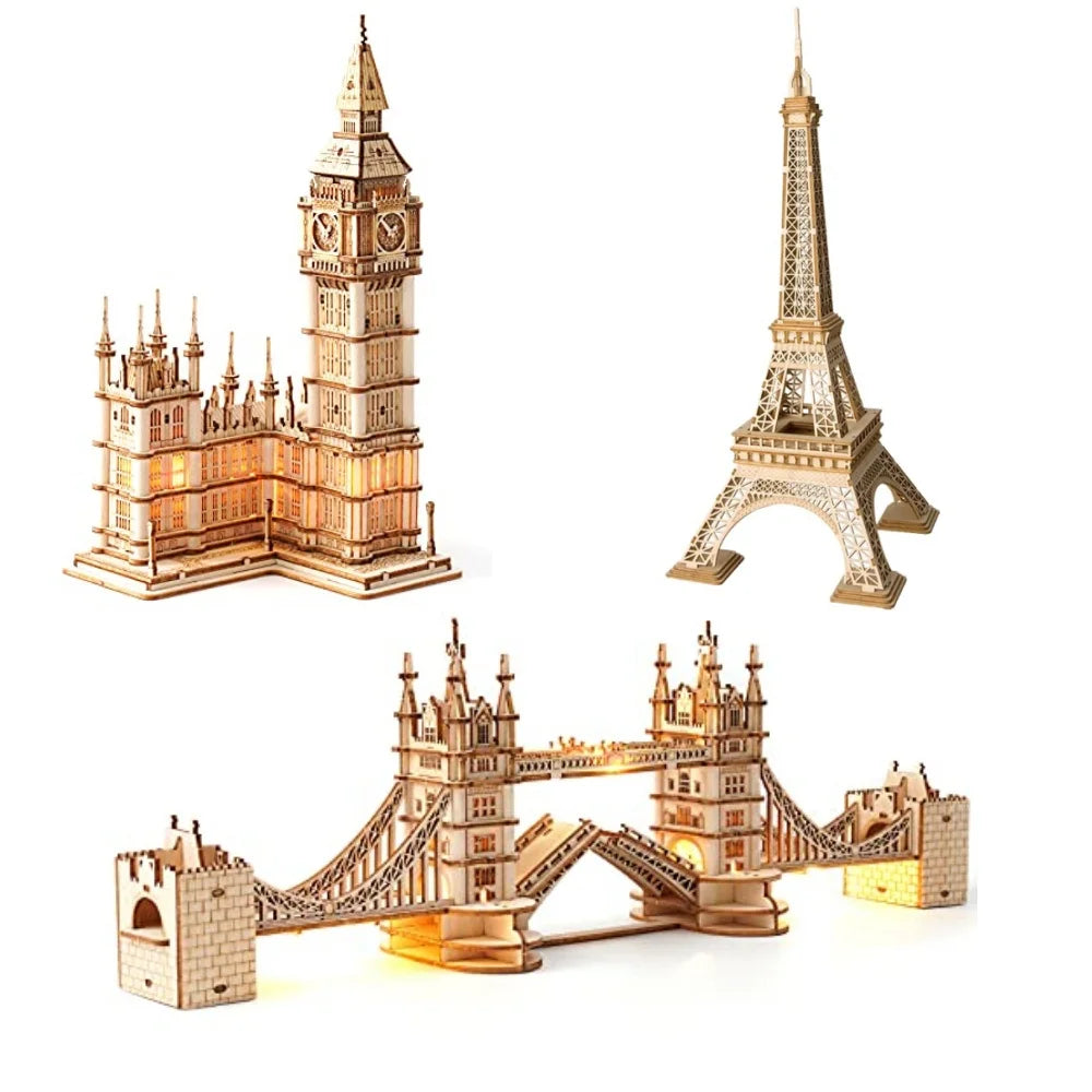 3D Wooden Puzzle Kits - Tower Bridge, Big Ben & Eiffel Tower Model Set