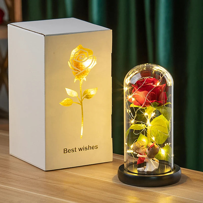 Elegant Eternal Silk Rose in Glass Dome with LED Light