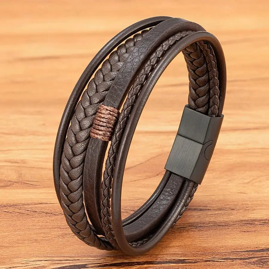 Hand-Woven Leather Bracelet with Stainless Steel Magnetic Buckle for Men