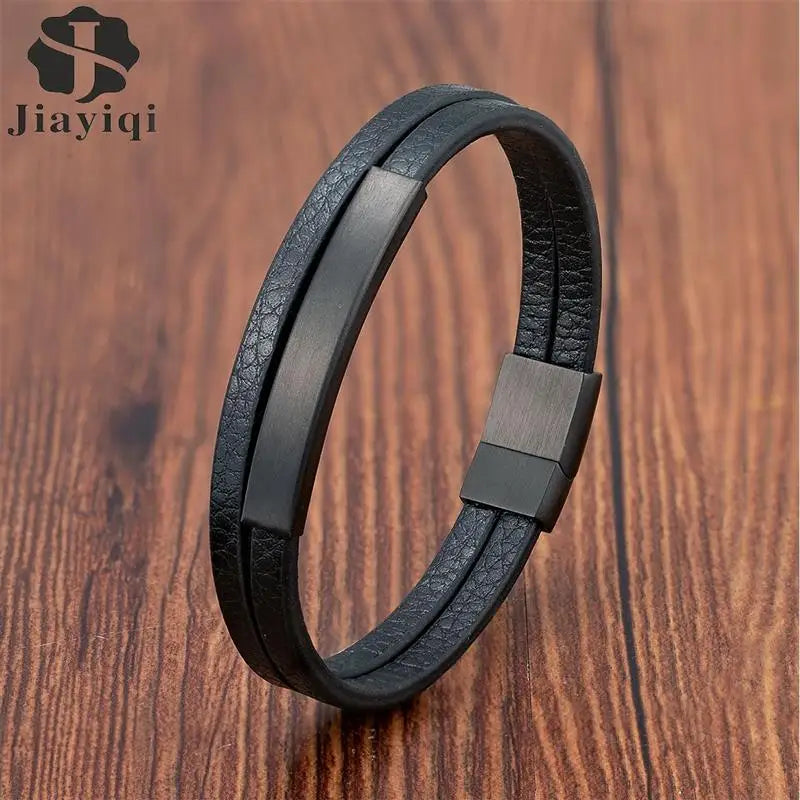 Men's Genuine Leather Bracelet - Stainless Steel Double-Layer Braided Bangle