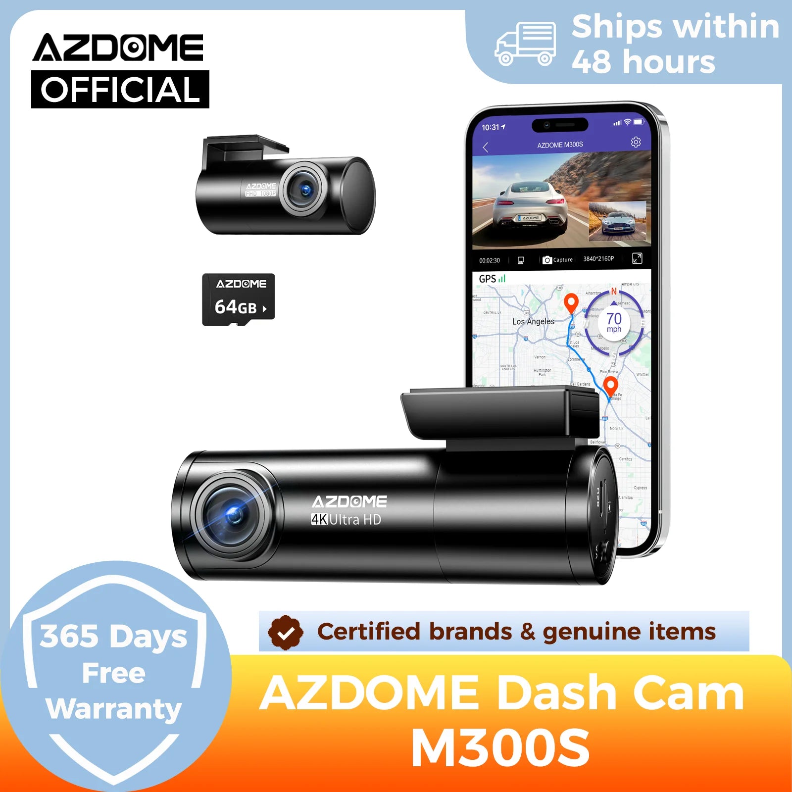4K Dual Dash Cam with Rear Camera, GPS, WiFi & Night Vision