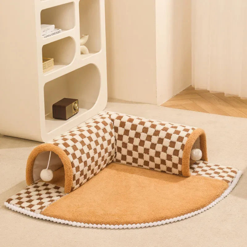 2-in-1 Cat Tunnel Bed - Plush Play Tunnel & Hideaway House for Kittens (60x60cm)