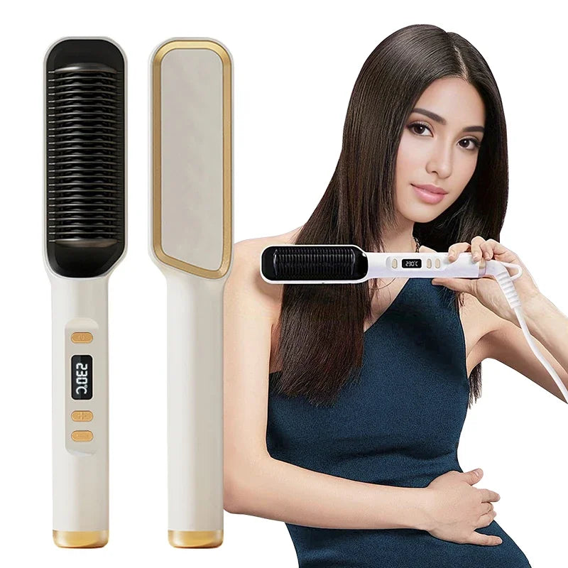 Dual-Use LCD Electric Straightening Brush & Curler with Temperature Control