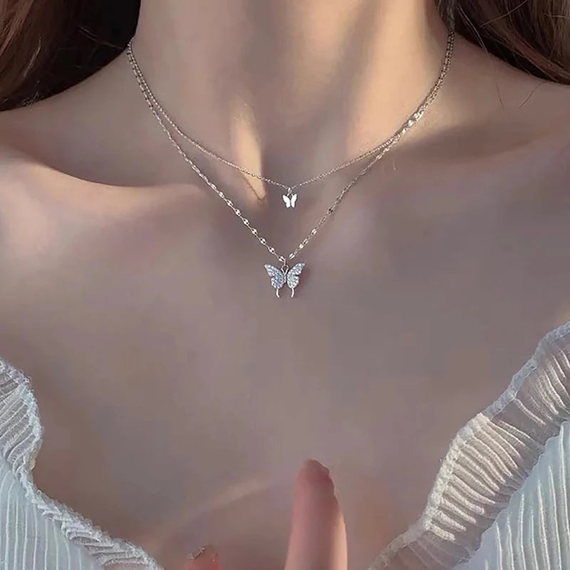 Double-Layer Butterfly Pendant Necklace – Trendy Clavicle Chain for Women