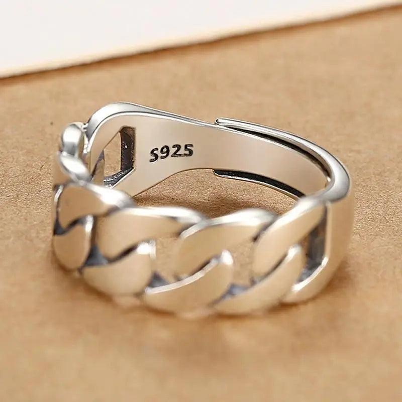 Adjustable Vintage Chain Ring – 925 Sterling Silver Open Ring for Women & Men