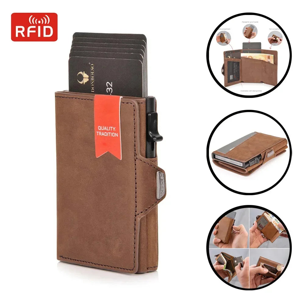 Men's Luxury RFID-Blocking Leather Wallet – Triple Fold Pop-Up Design with Coin Compartment