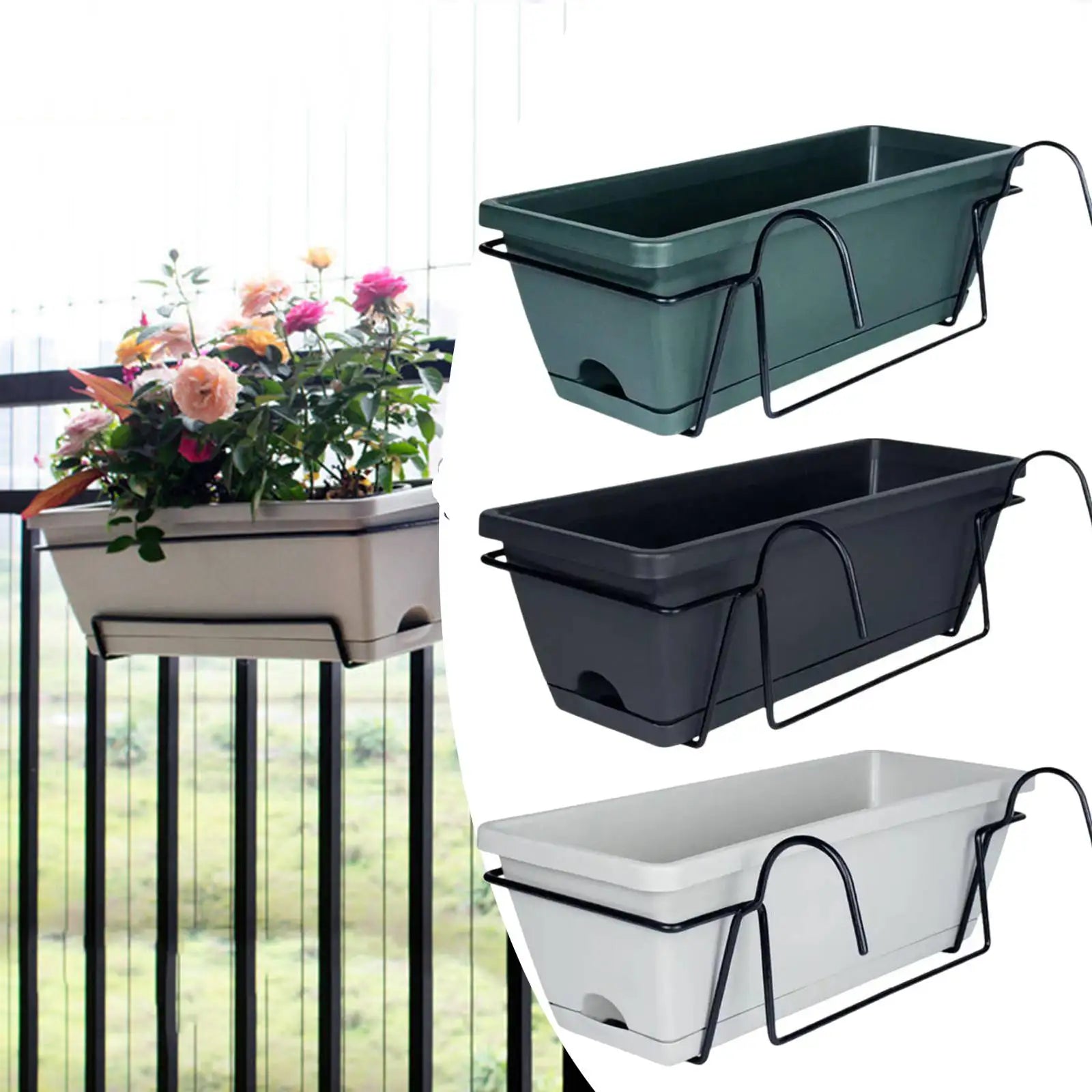 Hanging Balcony Railing Planter with Tray and Rack for Outdoor Gardening