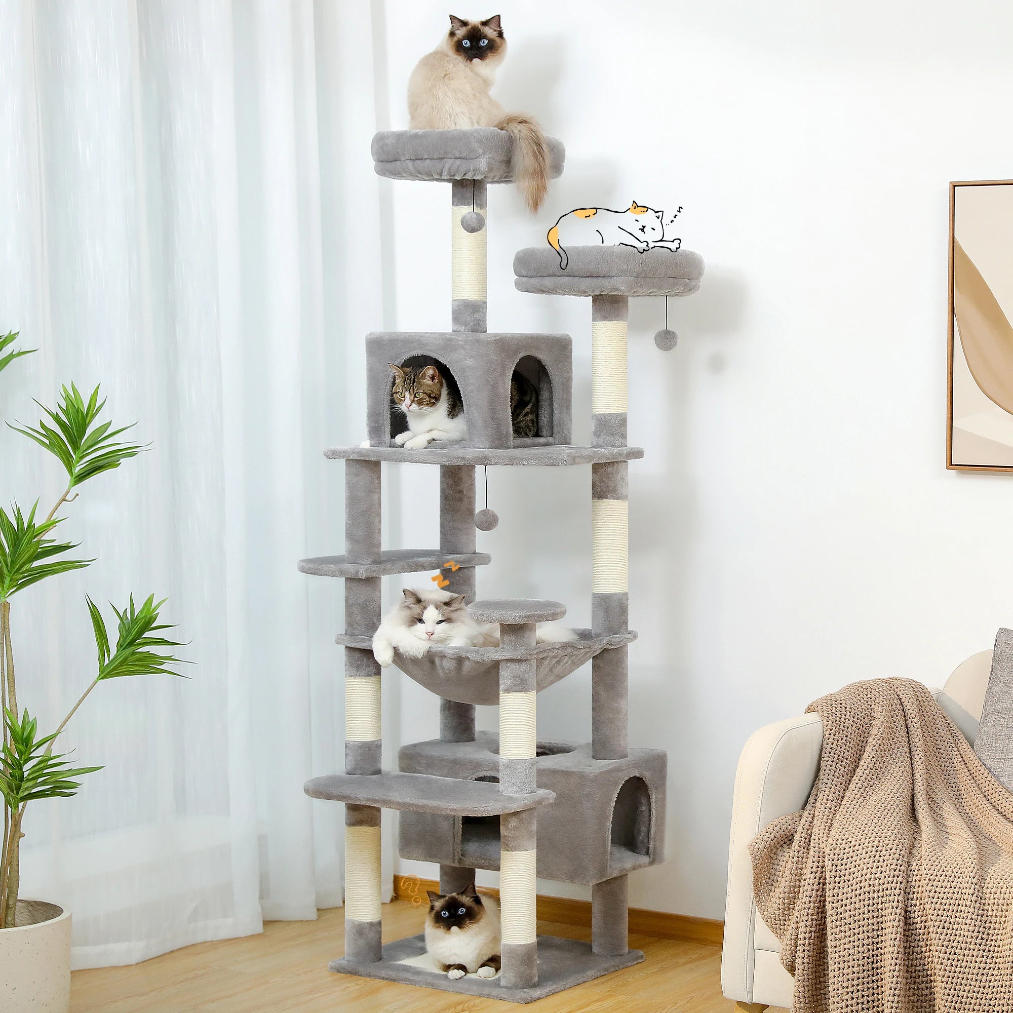 Large Indoor Cat Tree – Multi-Level Tower with Sisal Scratching Posts, Hammock, Padded Perches & Condos