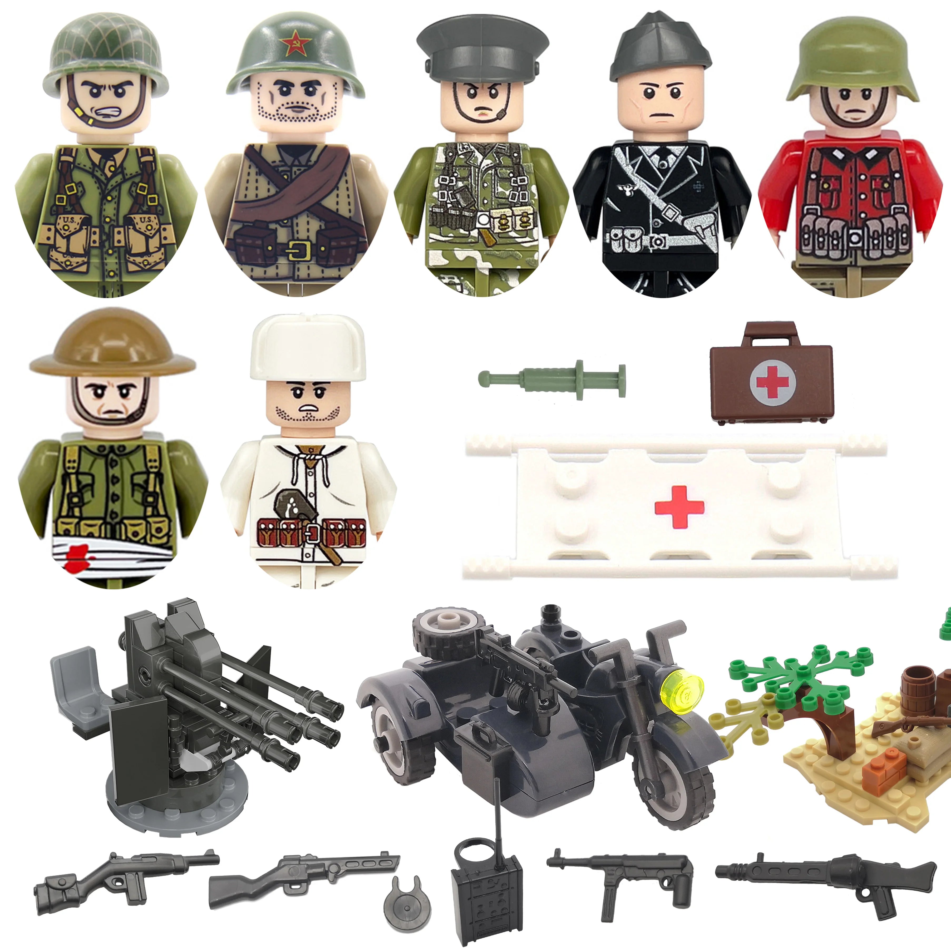 WW2 Military Building Blocks Set - Army Soldier & Motorcycle Model Kit