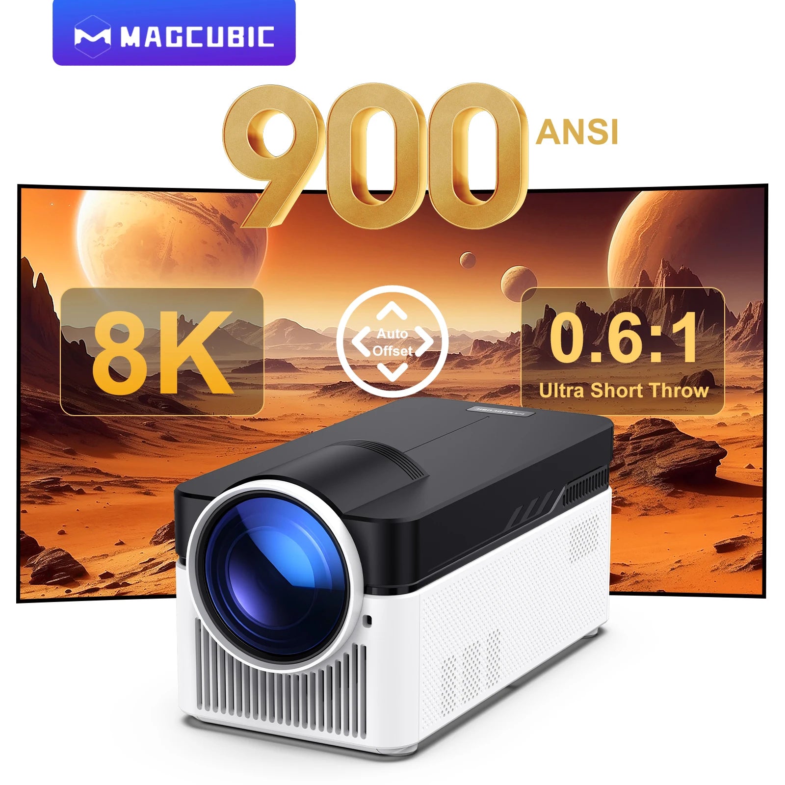 Ultra Short Throw Smart Projector with 900 ANSI Lumens, 1080P Native Resolution, WiFi 6 & Android 11