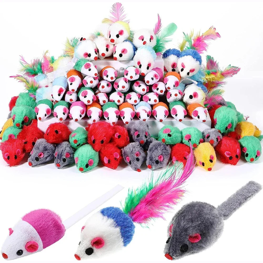 Catnip-Infused Rattle Mouse Toys - 10pc Faux Fur Cat Toys with Feather Tails