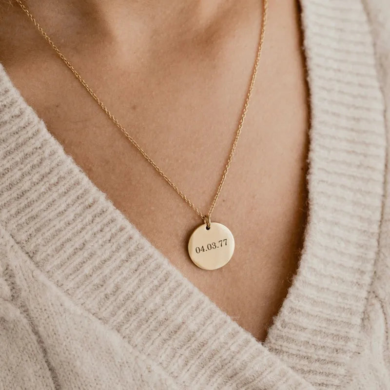 Personalized Stainless Steel Engraved Name Necklace with Round Disc Pendant