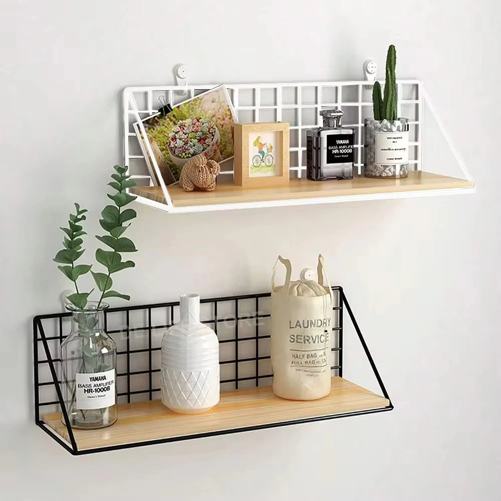 Wall-Mounted Shelf Organizer – Metal & Wood Storage Rack for Home & Office
