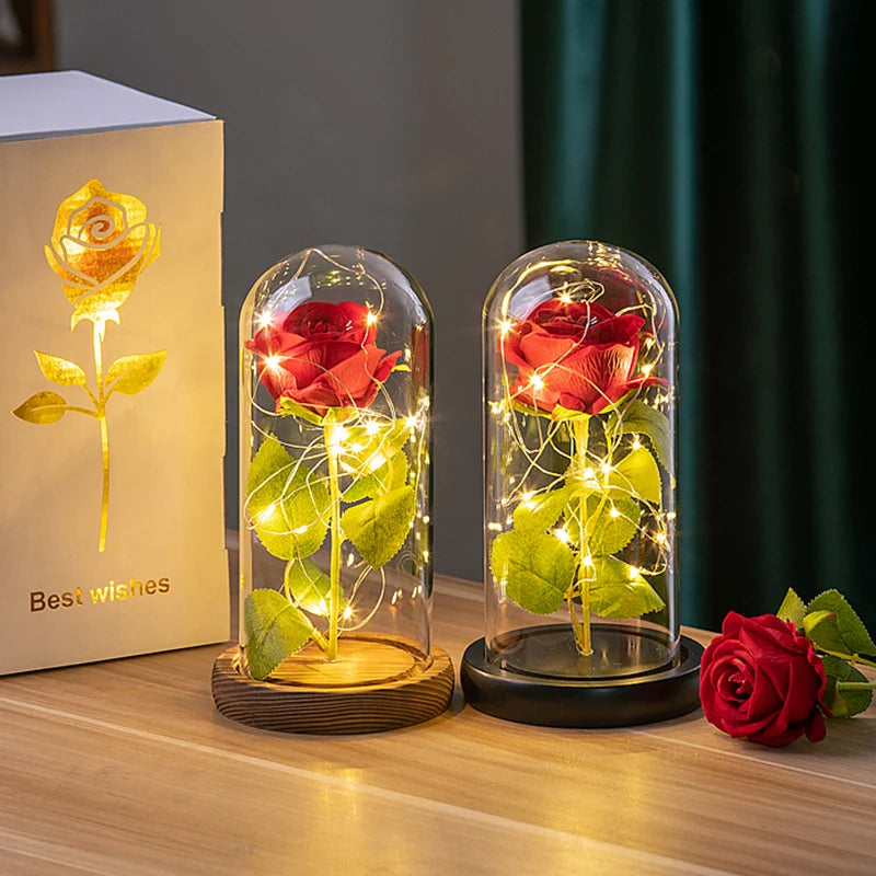 Eternal Silk Rose in Glass Dome with LED Light – Romantic Valentine’s Day Gift & Home Decor
