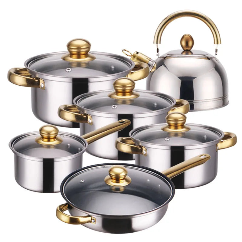 12-Piece Stainless Steel Cookware Set with Lids – Durable Double-Layer Pots for Home & Professional Use