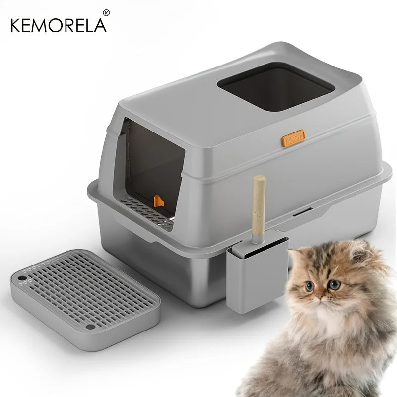 XL Stainless Steel Enclosed Cat Litter Box – Dual Entry Design with Scoop for Easy Cleaning