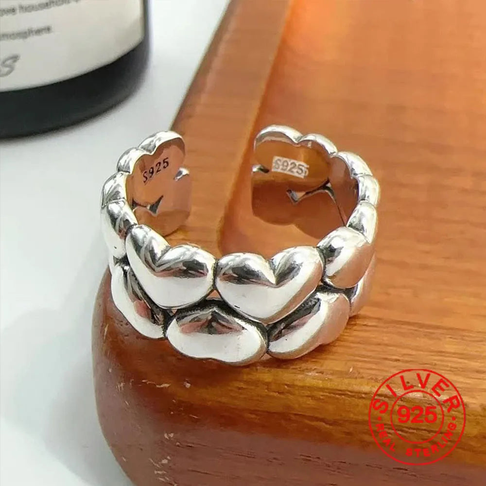 Anillo de corazón retro de plata de ley 925: banda geométrica minimalista para mujer