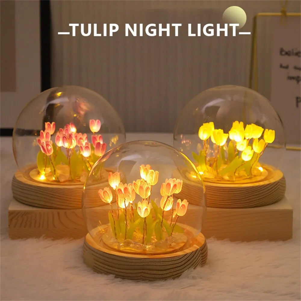 Handmade Artificial Tulip LED Night Light – DIY Bedside Lamp for Bedroom & Gifts