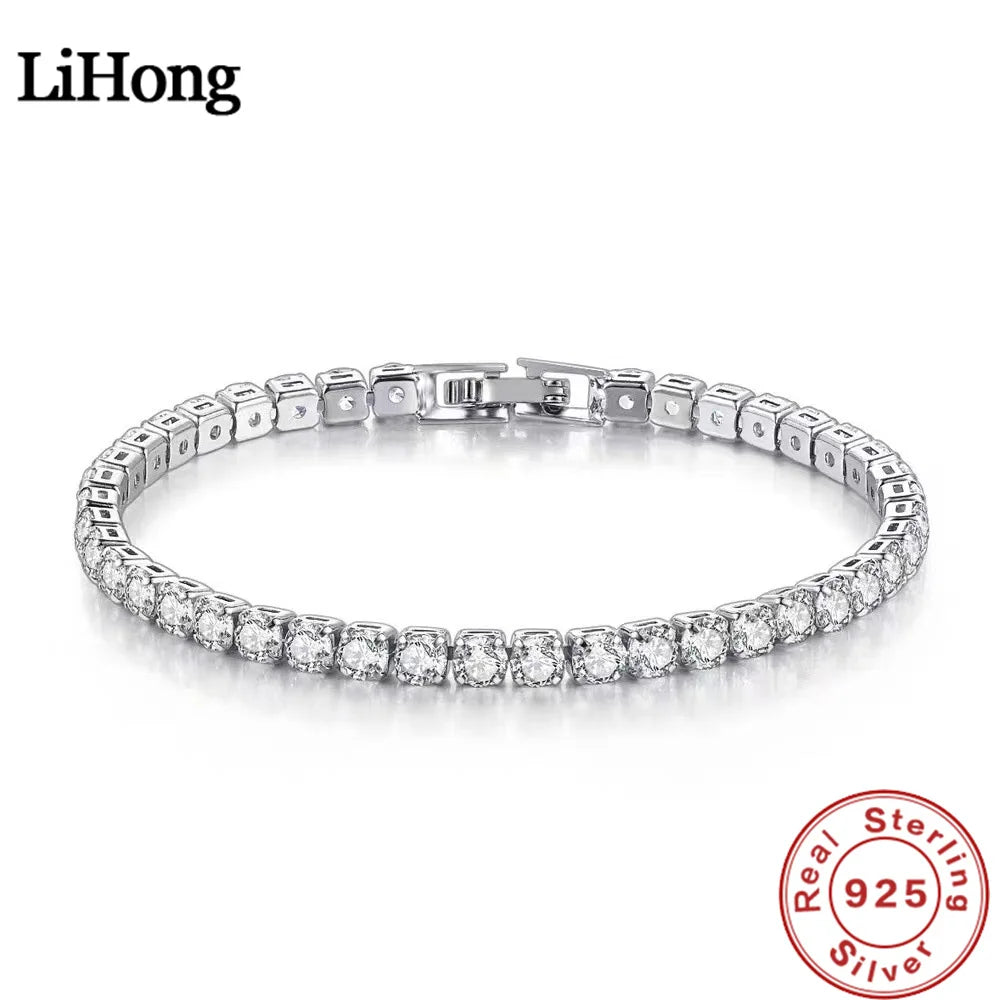 Pulsera de plata esterlina Lihong S925 con circonita y pelota de tenis para mujer, joyería sencilla de compromiso para boda, 4 mm, 16-20 cm