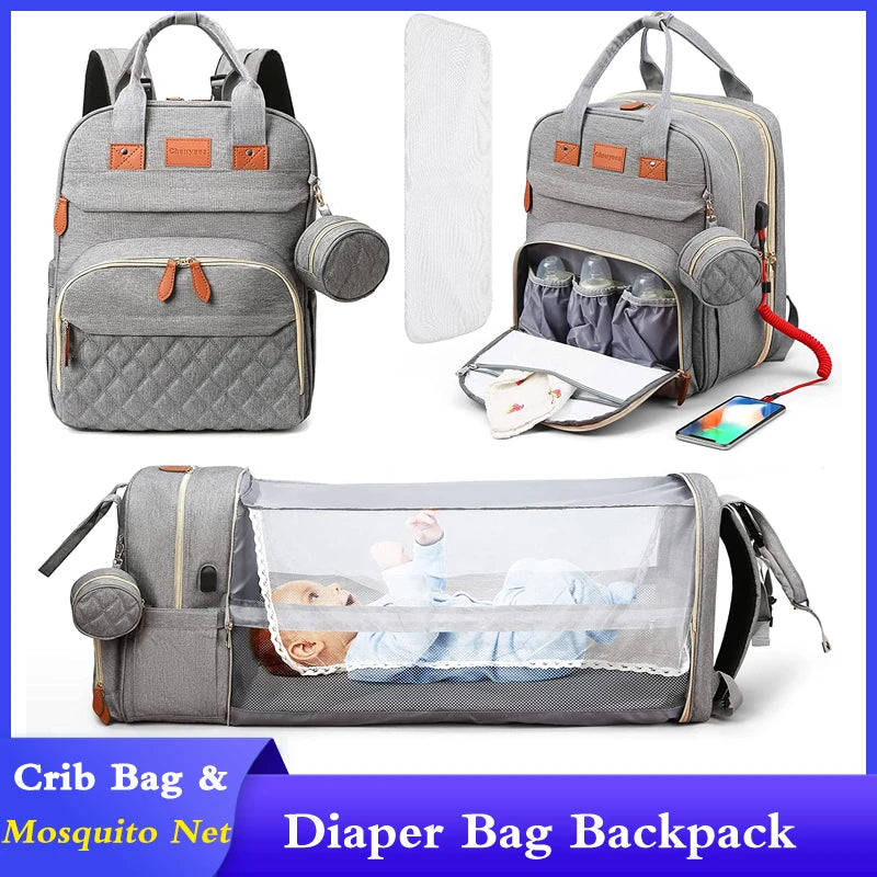 3-in-1 Diaper Bag Backpack with Foldable Baby Bed and USB Charging Port