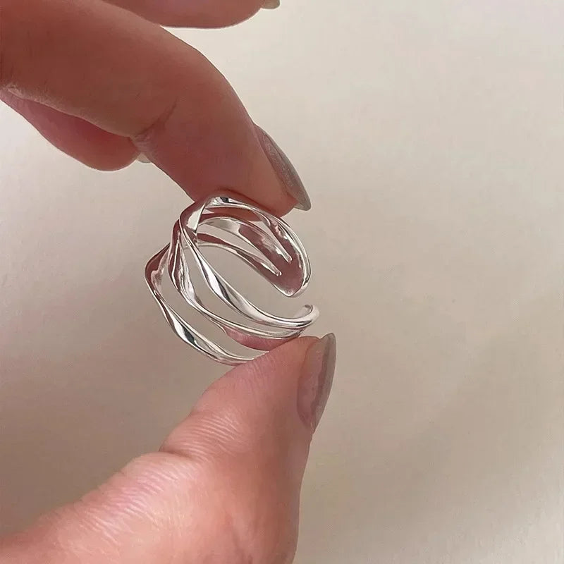 Anillo ajustable geométrico multicapa de plata de ley 925 para mujer: joyería minimalista para bodas y fiestas