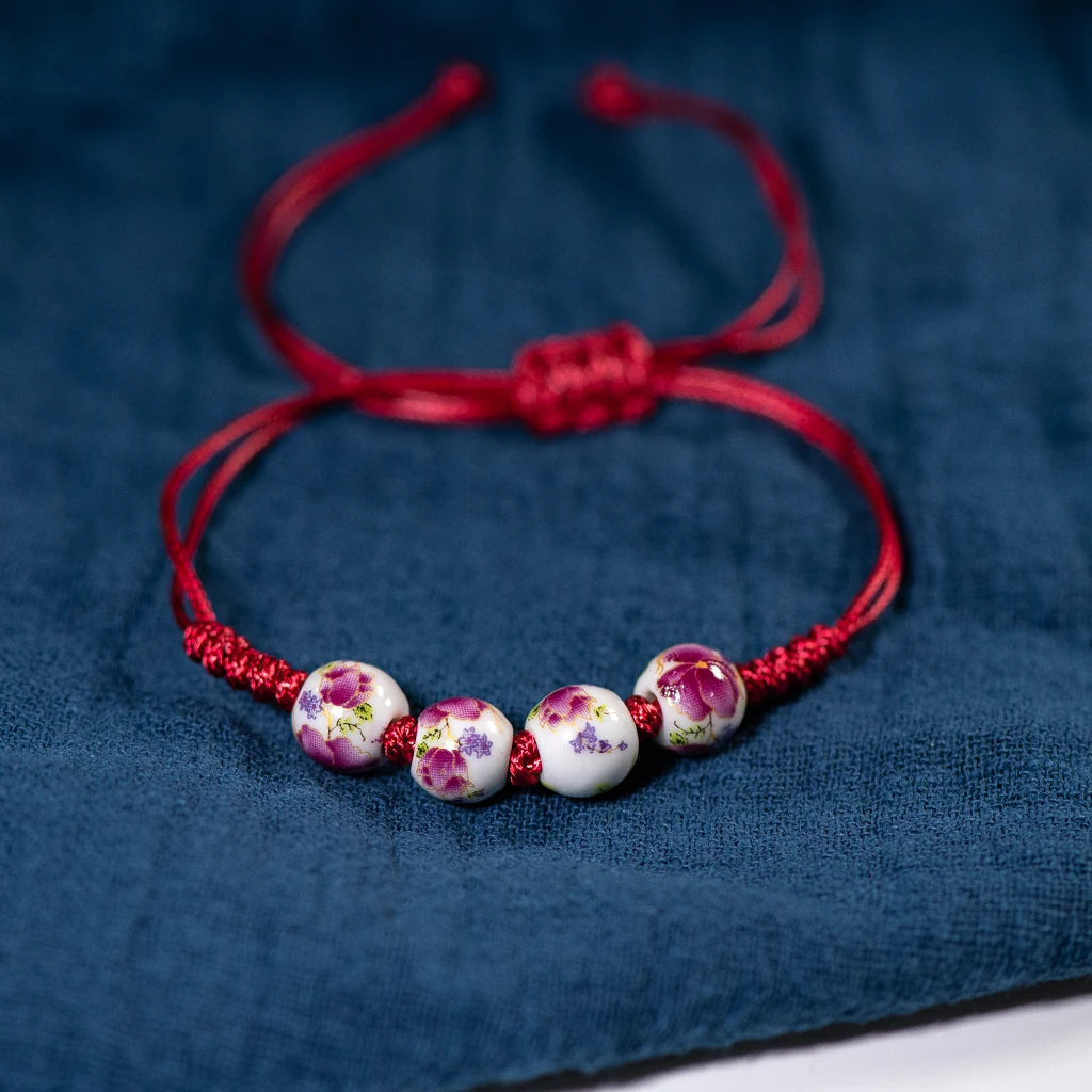 Vintage Plant Charm Ceramic Bracelet – Unisex Rope Chain with Lace-up Clasp