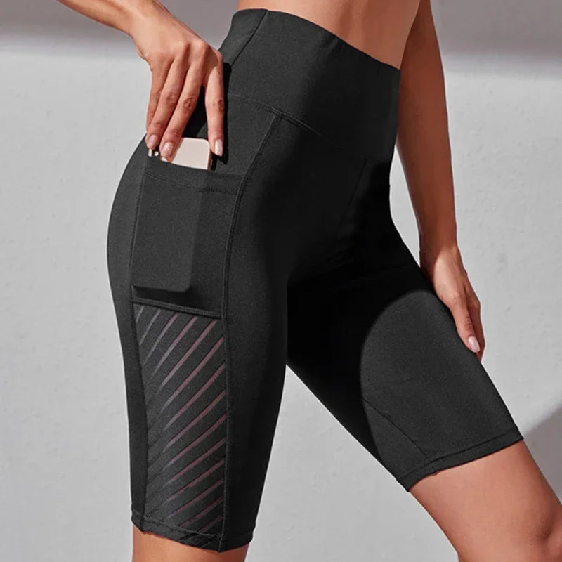 Women's High-Waist Mesh Pocket Yoga Shorts for Fitness & Running