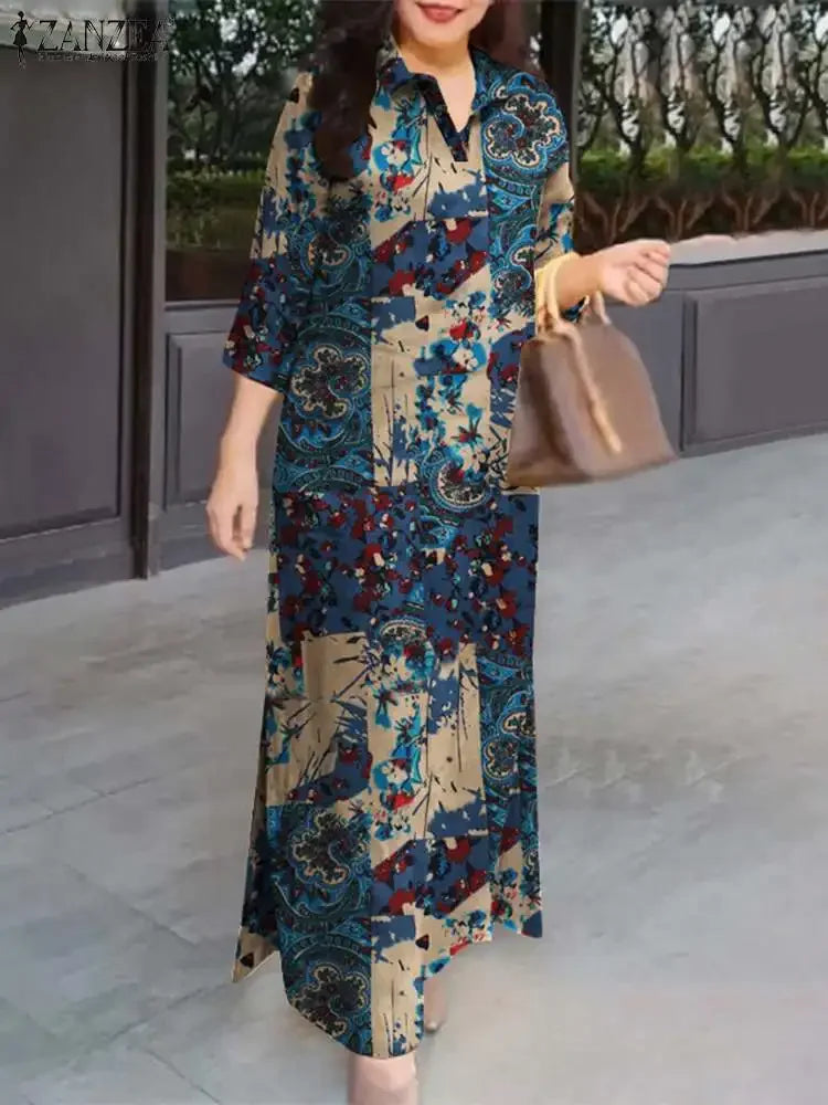 Casual Cotton Ankle-Length Sundress for Women - Spring Summer Turn-Down Collar