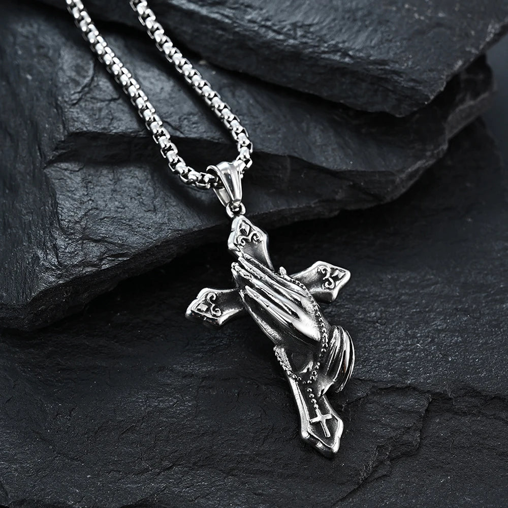 Stainless Steel Praying Hands Cross Necklace - Vintage Hip Hop Pendant Chain for Men