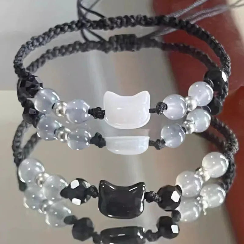 Natural Moonstone & Obsidian Couple Bracelets – Handmade Adjustable Cat Design