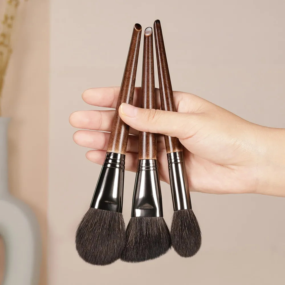 Professional 3-Piece Makeup Brush Set - Soft Goat Hair Blush, Contour & Highlighter Brushes