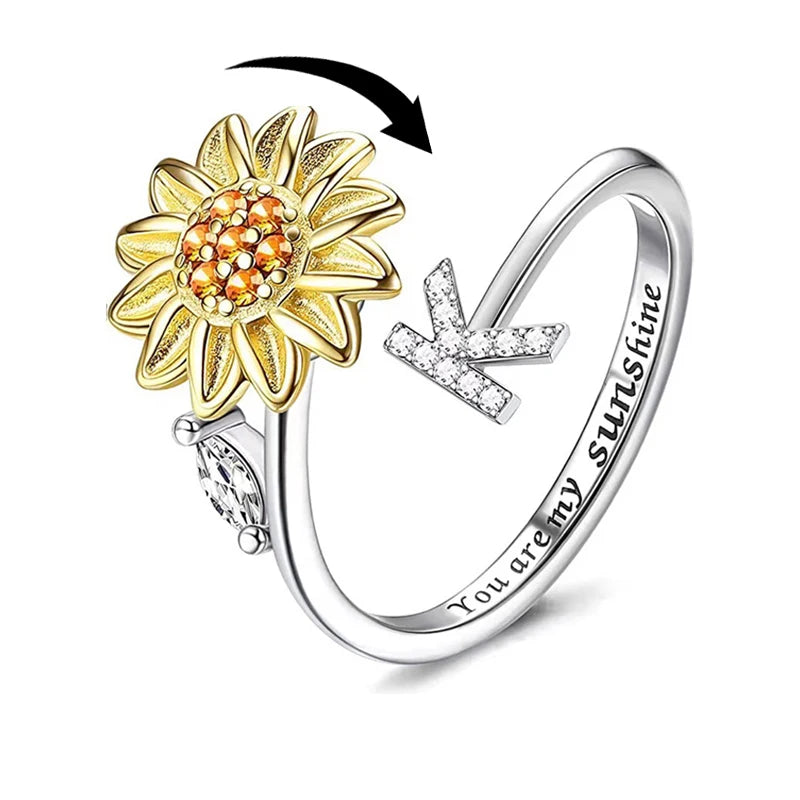 Sunflower Spinner Ring - Stainless Steel Initial Letter Anxiety Relief Jewelry for Women