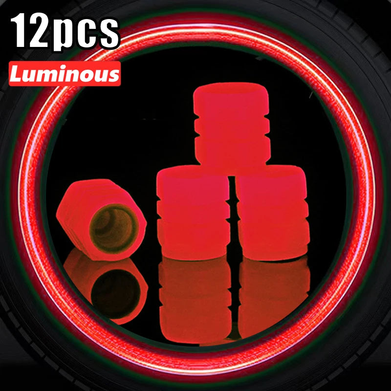 Glow-in-the-Dark Red Tire Valve Caps – Fluorescent Stem Covers for Cars, Motorcycles & Bicycles