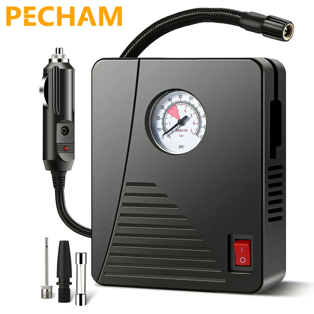 Portable 12V Car Air Compressor with LED Light and Tire Pressure Gauge