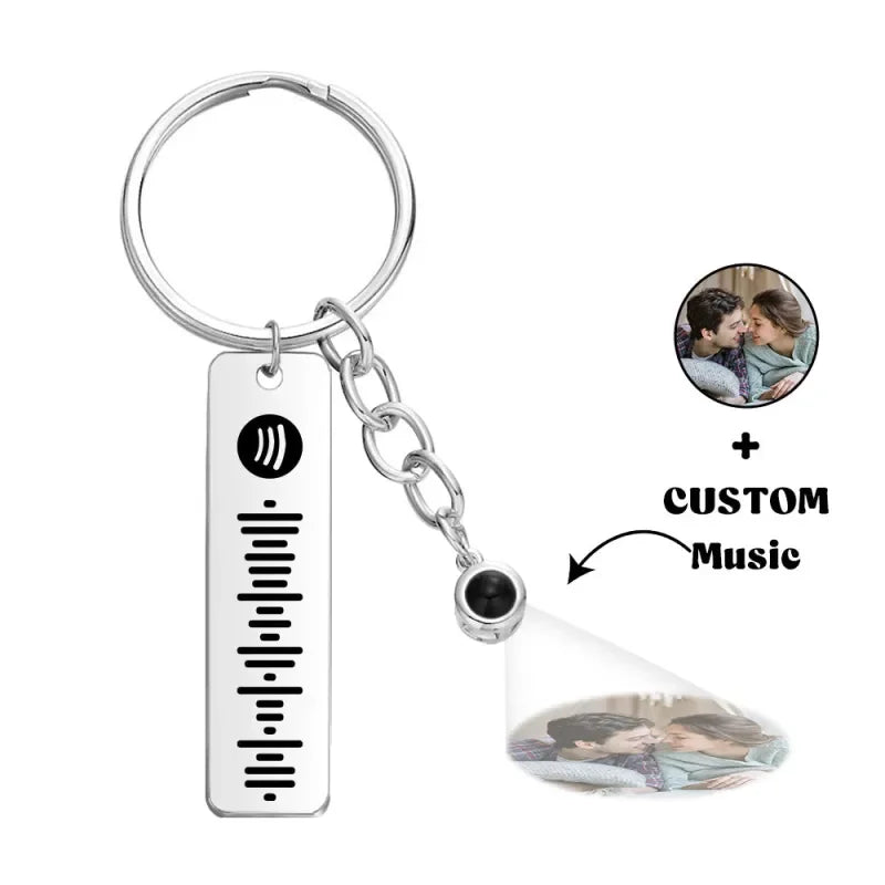 Custom Photo Projection Keychain with Spotify Code – Personalized Stainless Steel Key Ring with Engraved Name, Date, and Calendar