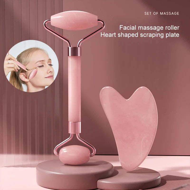 Natural Pink Jade Roller for Face with Gua Sha for Anti-Aging