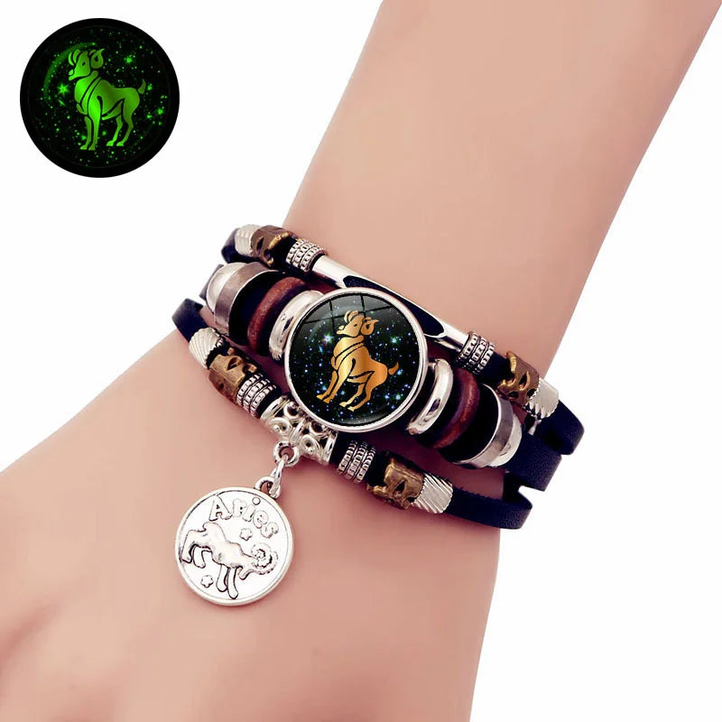 Nightlight 12 Constellation Leather Bracelet for Lovers – Zodiac Sign Charm Bracelet
