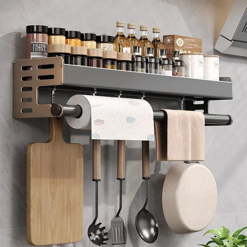 Wall-Mounted Kitchen Condiment Rack with Storage Box – Multifunctional Utensil Organizer & Oil Vinegar Dispenser